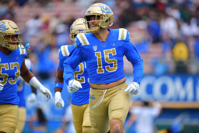 UCLA Bruins defensive lineman Laiatu Latu (15) celebrates after intercepting a pass against the North Carolina Central Eagles during the first half at Rose Bowl. Mandatory Credit: Gary A. Vasquez-USA TODAY Sports